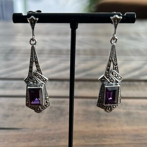 Vintage 1940’s Rare Sterling Silver Art Deco
Amethyst Marcasite Drop Earrings